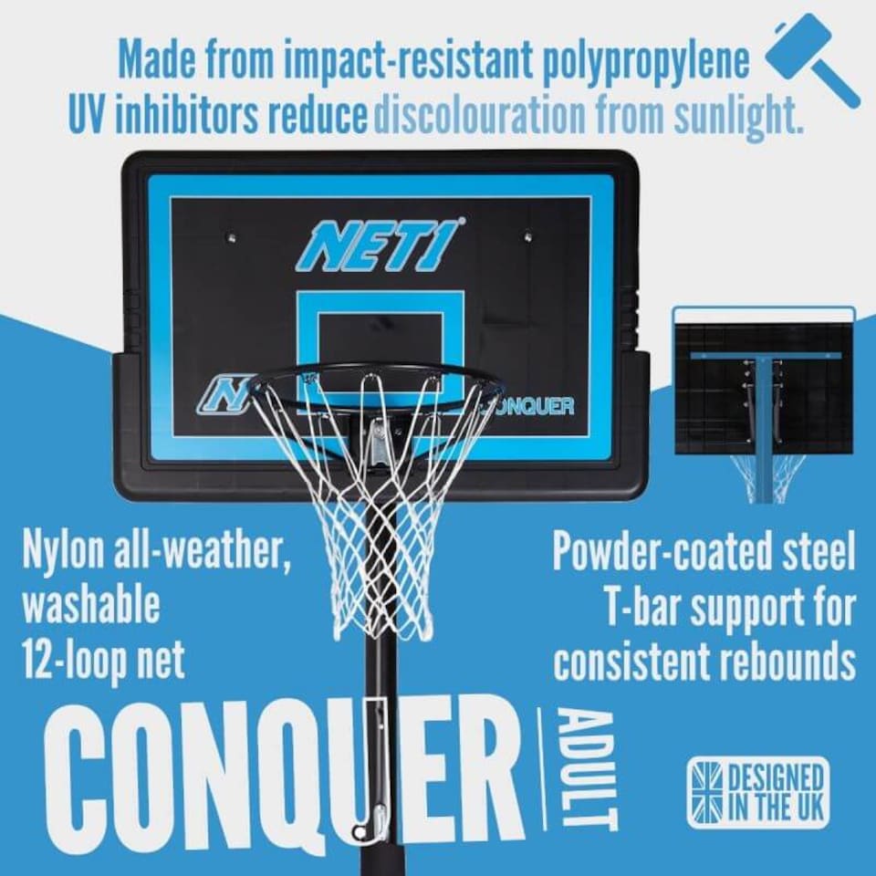 image 1 of NET1 Conquer Pro Adjustable Basketball Hoop — 111×71 cm Backboard, 145 L Portable Base, Black | Multi | BLACK | 4396
