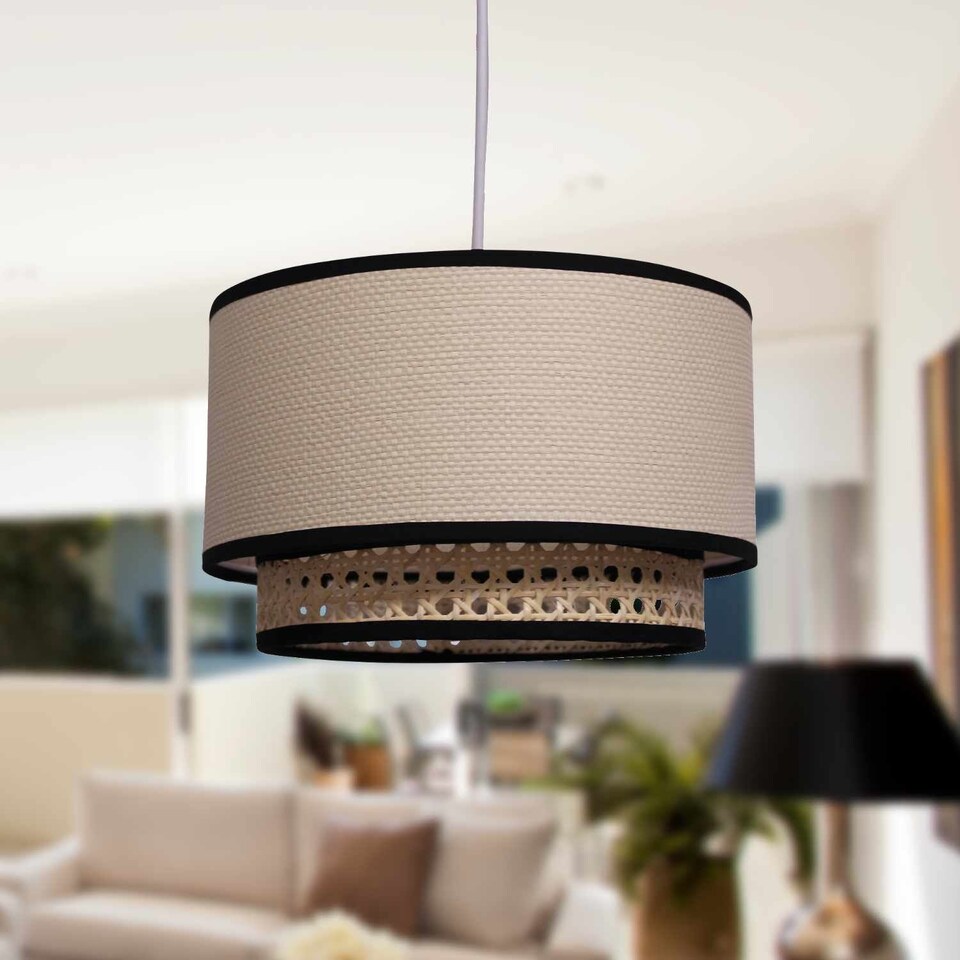 image 1 of Set of 2 Koral - Natural Rattan and Cane 25 cm Easy Fit Two Tier Pendant Shades | Cream | Medium | 2