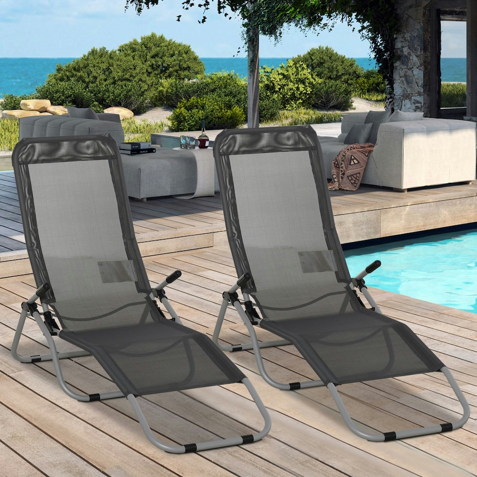 image 1 of Outsunny Set of 2 Outdoor Recliner Lounge Chairs Adjustable Backrest