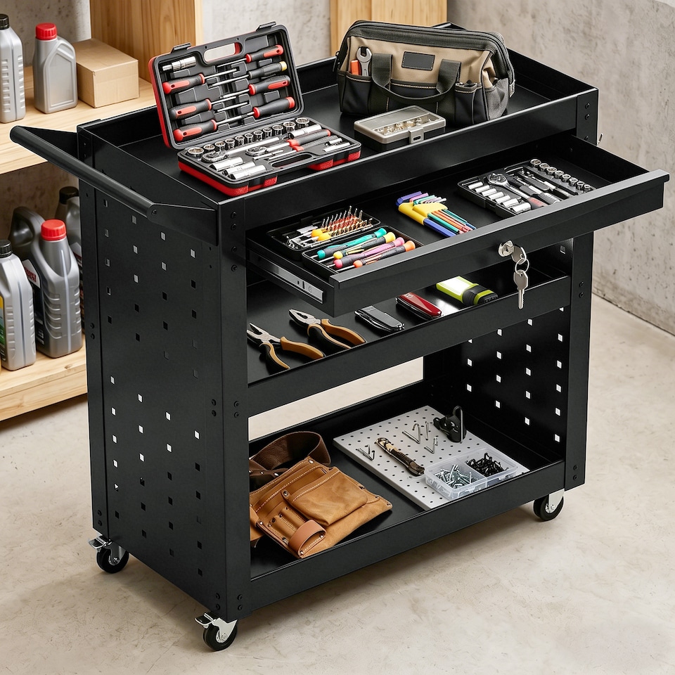 image 1 of HOMCOM Storage Trolley Wheel Cart with Lockable Wheels Black