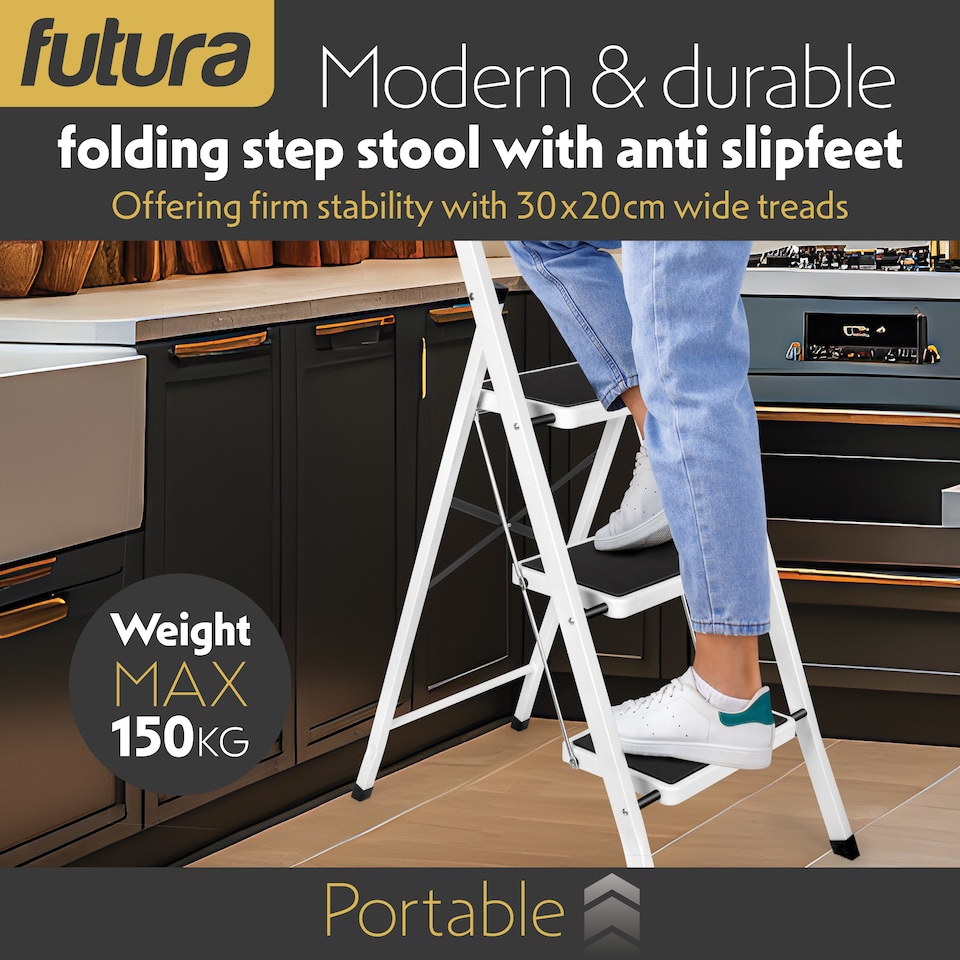 image 1 of Futura 3 Step Ladder White, Heavy-Duty Steel Folding Home DIY Step Stool with Wide Non-Slip Steps & Anti Slip Feet 150kg Capacity