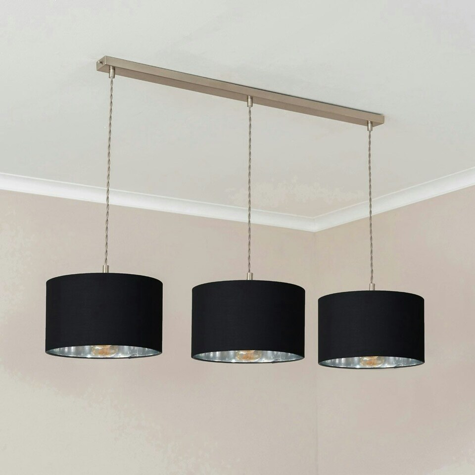 image 1 of ValueLights Reni Black & Chrome Drum Shade 3 Drop Bar Chrome Diner Ceiling Pendant Light Silver