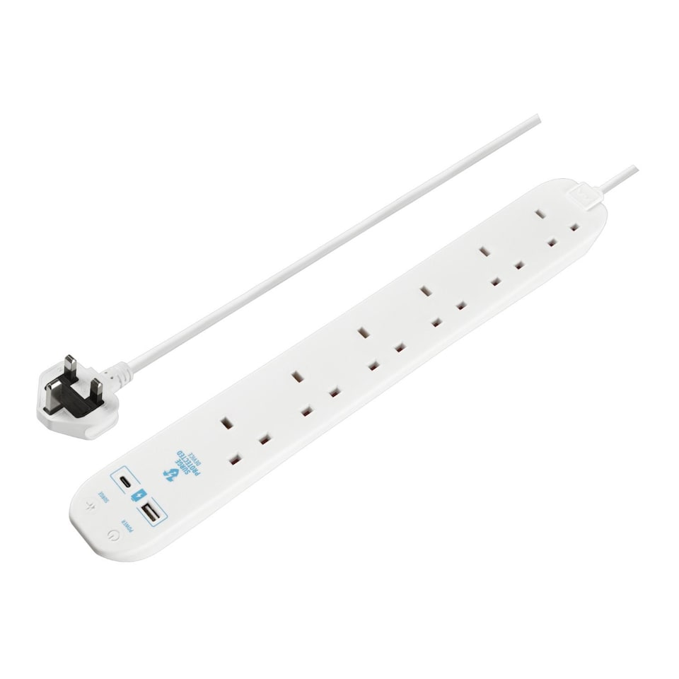 image 1 of Masterplug 6 Socket 2 Metre Surge Protected Extension Lead with USB A and C Ports 13A Power Strip White