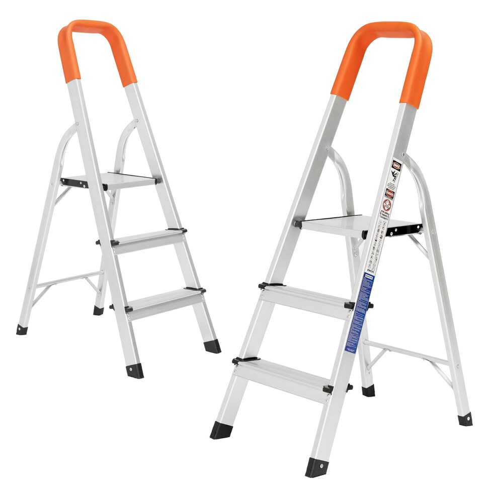 image 1 of Lightweight Step Ladders - Compact Aluminium Stepladder with Non-Slip Wide Step, Portable Silver Color - Tall Folding Ladder with Platform Silver | 3- Step 105 cm