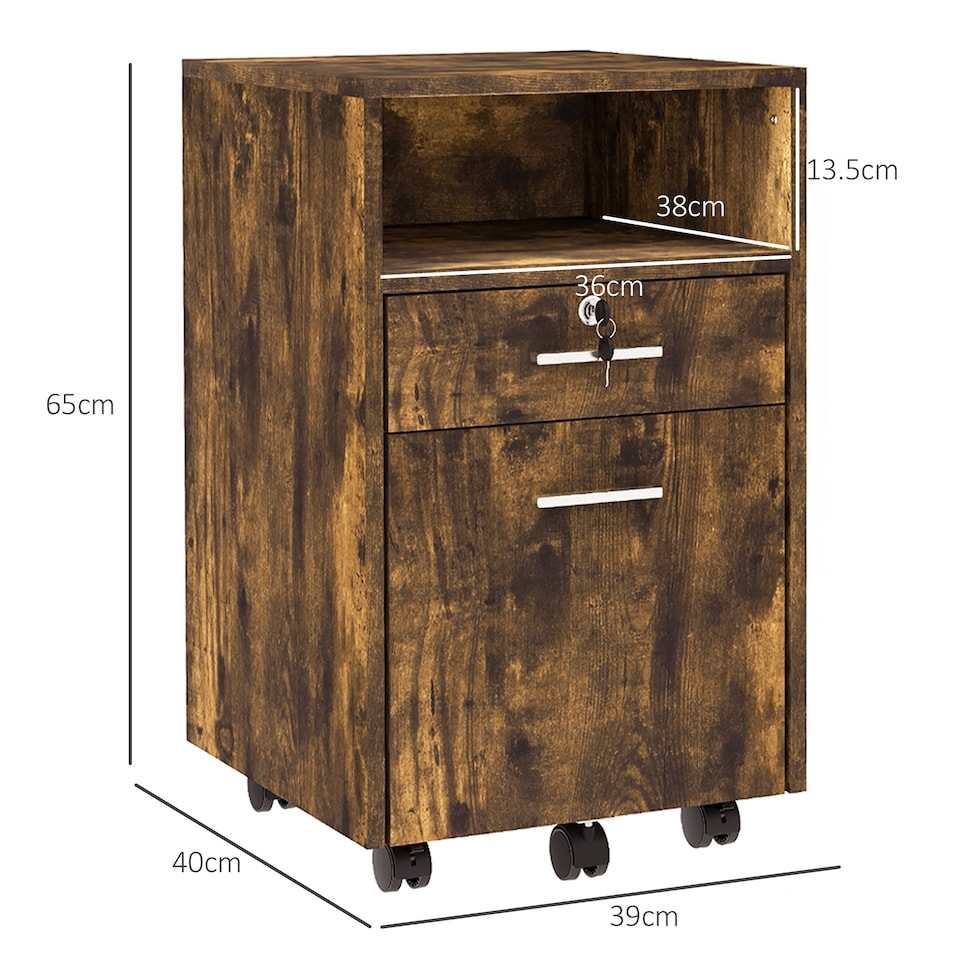image 1 of Vinsetto Mobile File Cabinet Lockable Storage Unit Cupboard for A4 Letter Home Filing Furniture for Office, Bedroom and Living Room, 39x40x65cm, Rustic Brown