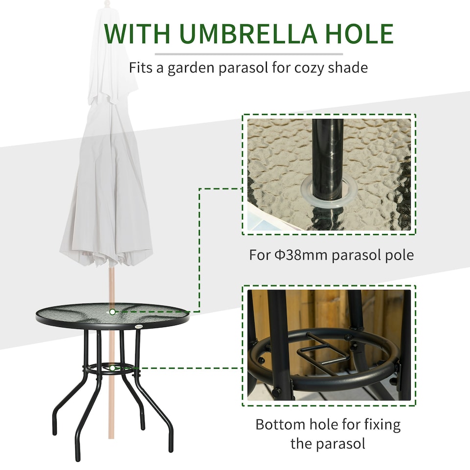 image 1 of Outsunny Outdoor Round Dining Table Tempered Glass Top with Parasol Hole