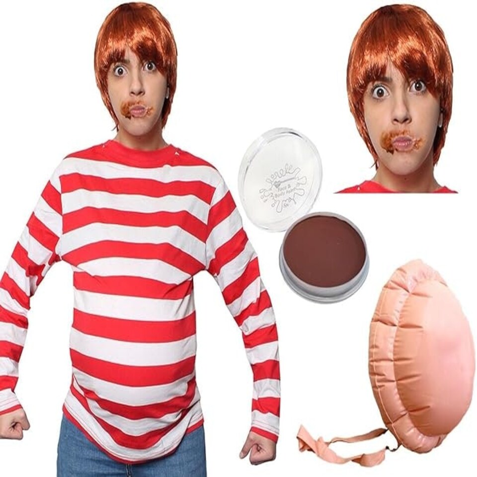 image 1 of Greedy Golden Ticket Winner Costume, Facepaint, Wig & Belly Red | 2XL