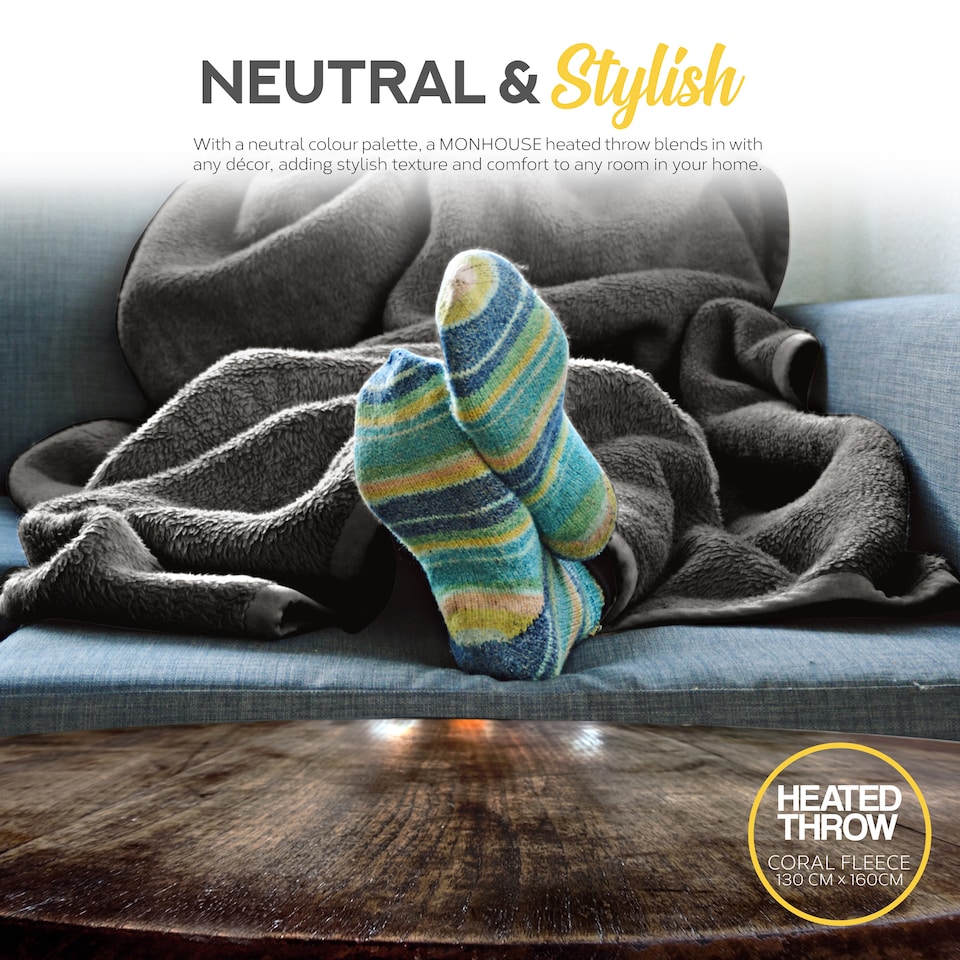 image 1 of Monhouse Heated Throw - Electric Blanket - Digital Controller - 9H Timer, 9 Heat Settings, Auto Shutoff - Single 130X160Cm | Grey | Dark Grey Shearling | 1