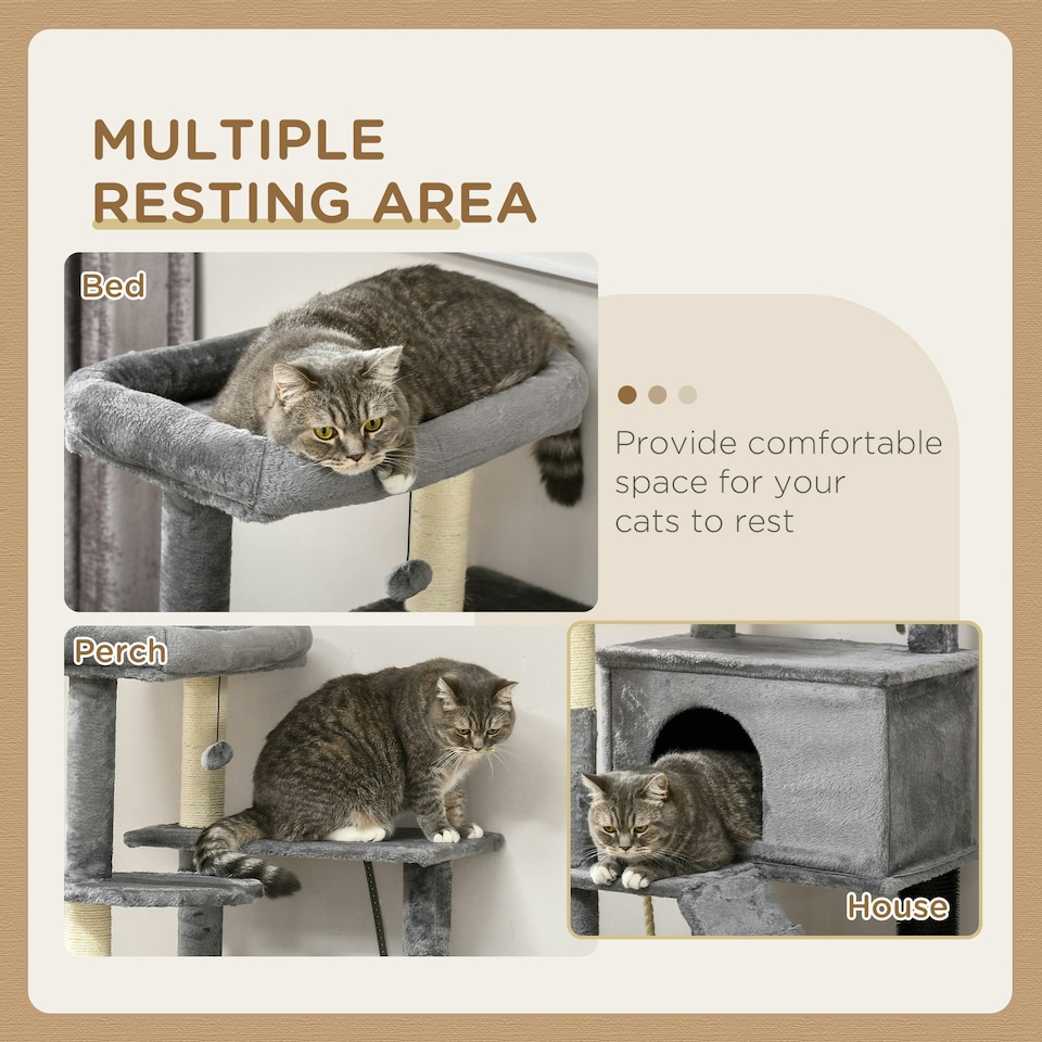 image 1 of PawHut Cat Tree with Scratching Post House Bed Toy for 2 Cats, 148cm, Grey