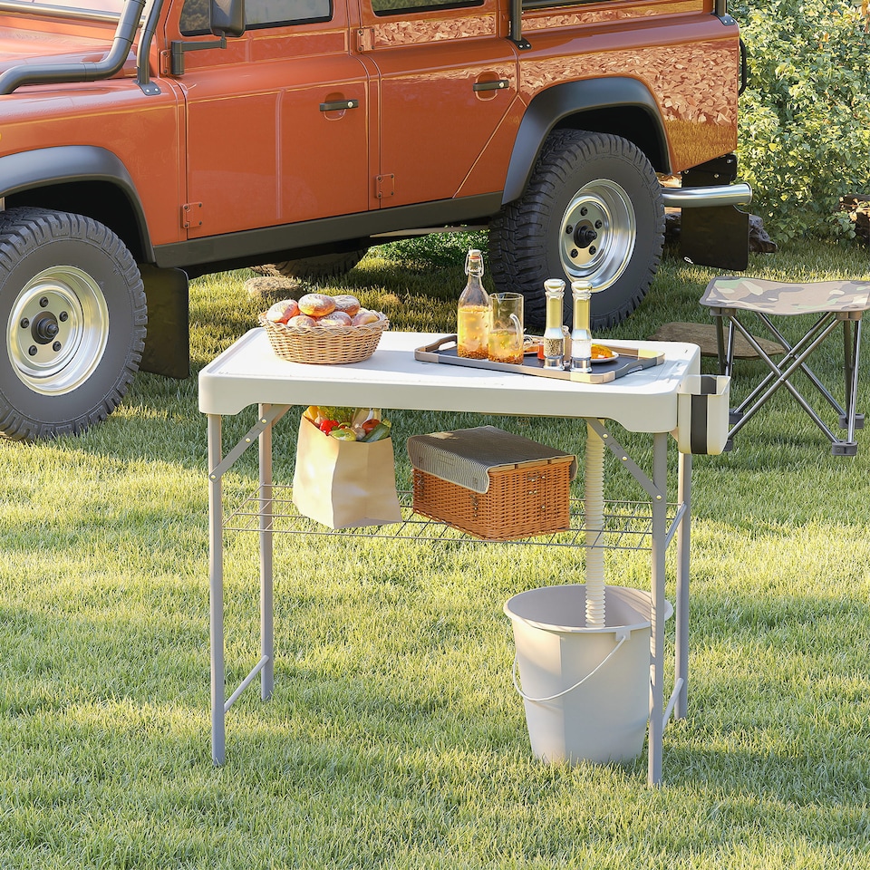 image 1 of Outsunny Folding Fish Cleaning Table Camping Sink Table with Faucet, White | White | White | 108L x 58W x 92H cm