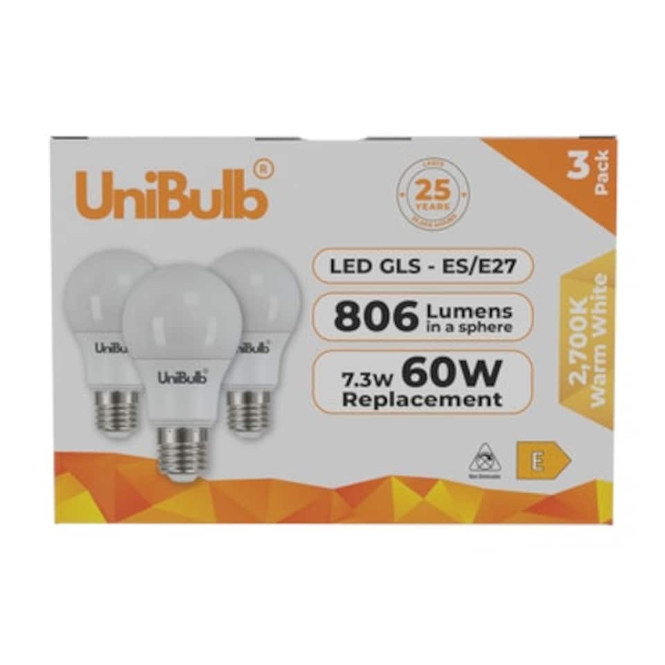 image 1 of UniBulb LED GLS E27 806lm 7.3W 2700K (Warm White) Light Bulb - Pack of 3