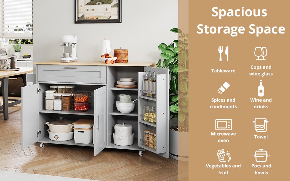image 1 of VILUXE Mobile Kitchen Island with Foldable Worktop, Drawer, Adjustable Cabinets, 3 Door Spice Racks, Towel Rail and 5 Wheels, Grey