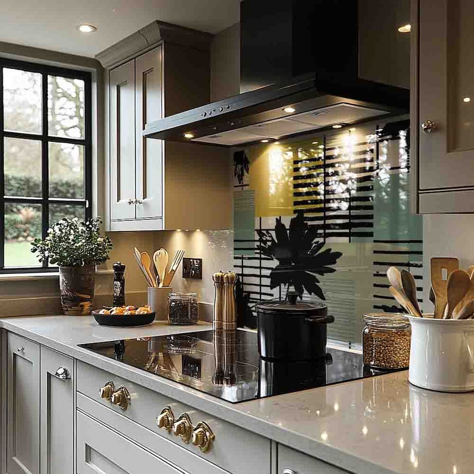 image 1 of Geometric Shape & Leaf Print In Yellow & Green Splash Back | White