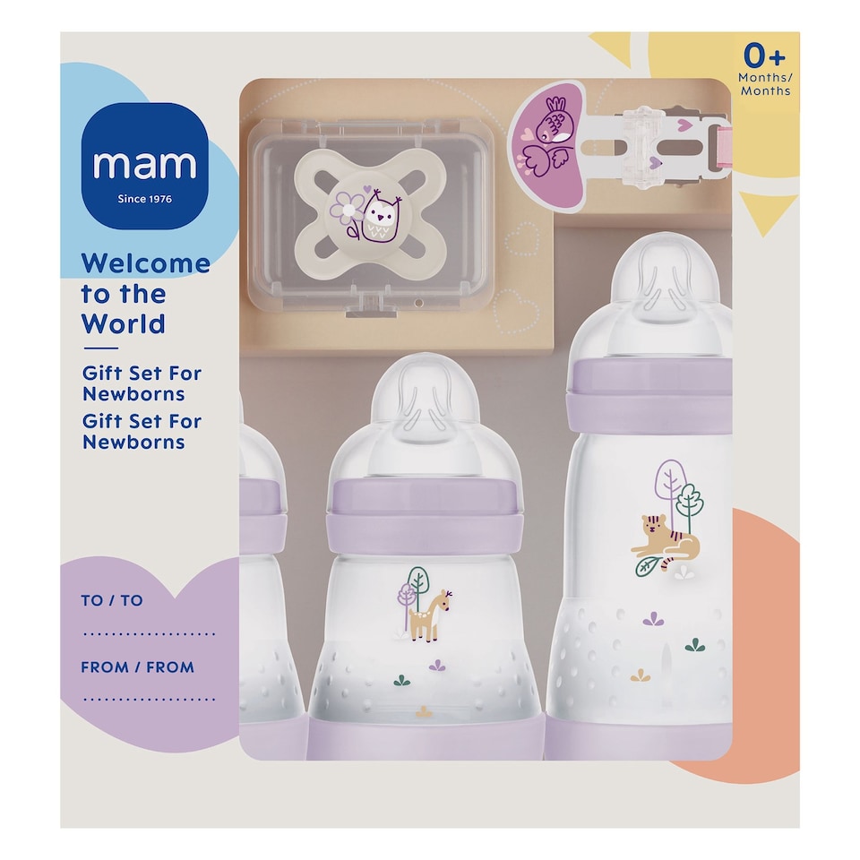 image 1 of MAM Welcome To The World Newborn Bottle Set With Baby Soother And Clip Girl Purple