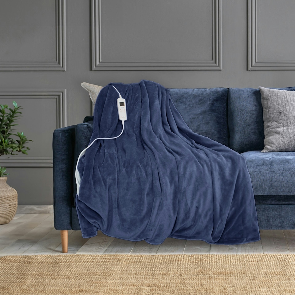 image 1 of Navy Electric Heated Throw Over Blanket - Reversible