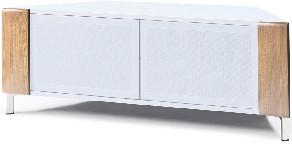 image 1 of MDA Designs CORVUS Corner-Friendly Gloss White Contemporary Cabinet with Oak Profiles White BeamThru Glass Doors Suitable for Flat Screen TVs up to 50" | Multi | 1