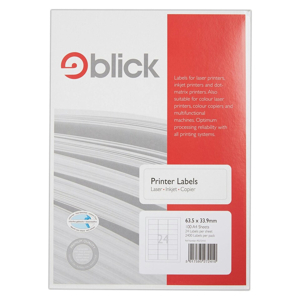 image 1 of Blick 24 Per Sheet 100 Sheets, 63.4mm x 33.9mm, Rectangular, White, 2400 Labels