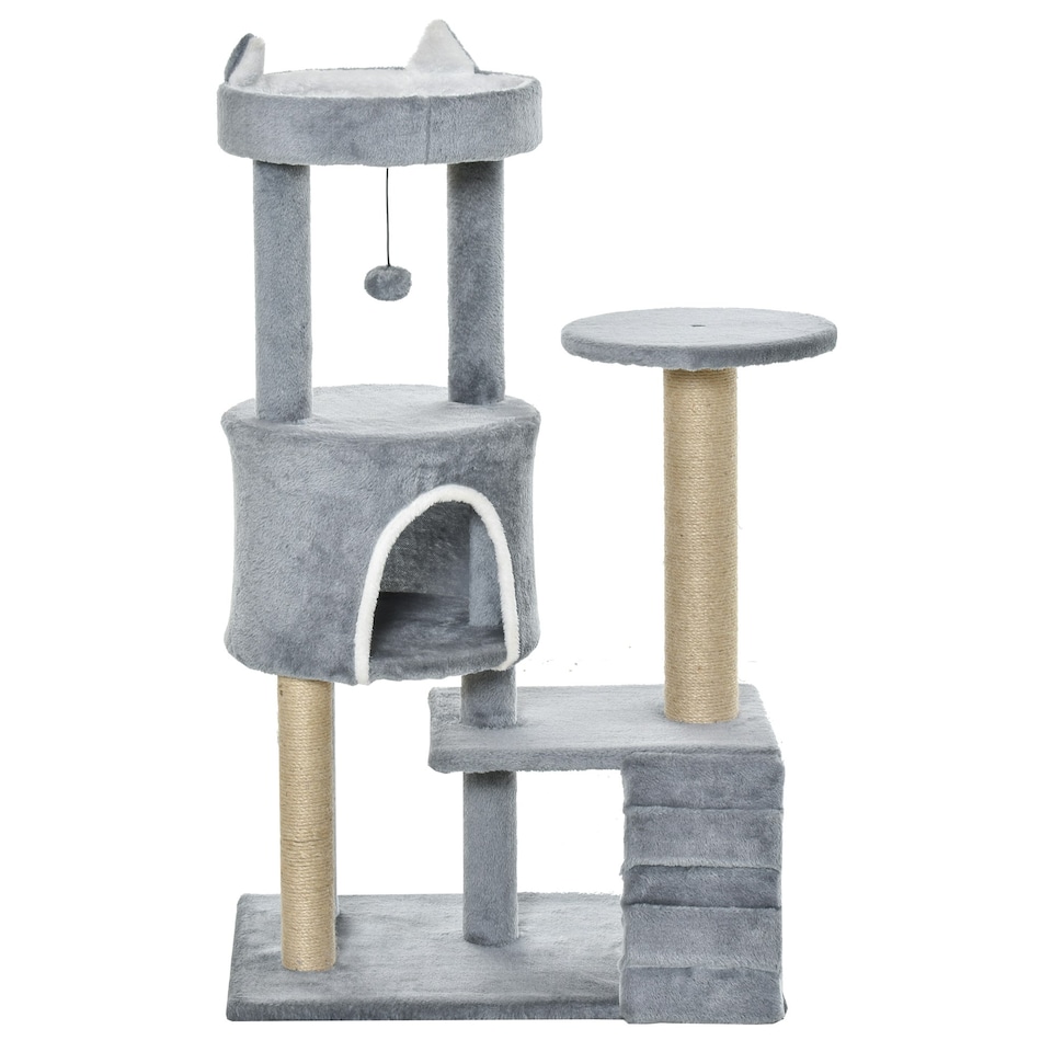 image 1 of PawHut 100cm Cat Condo Tree Tower with Scratching Post, Perch, Light Grey