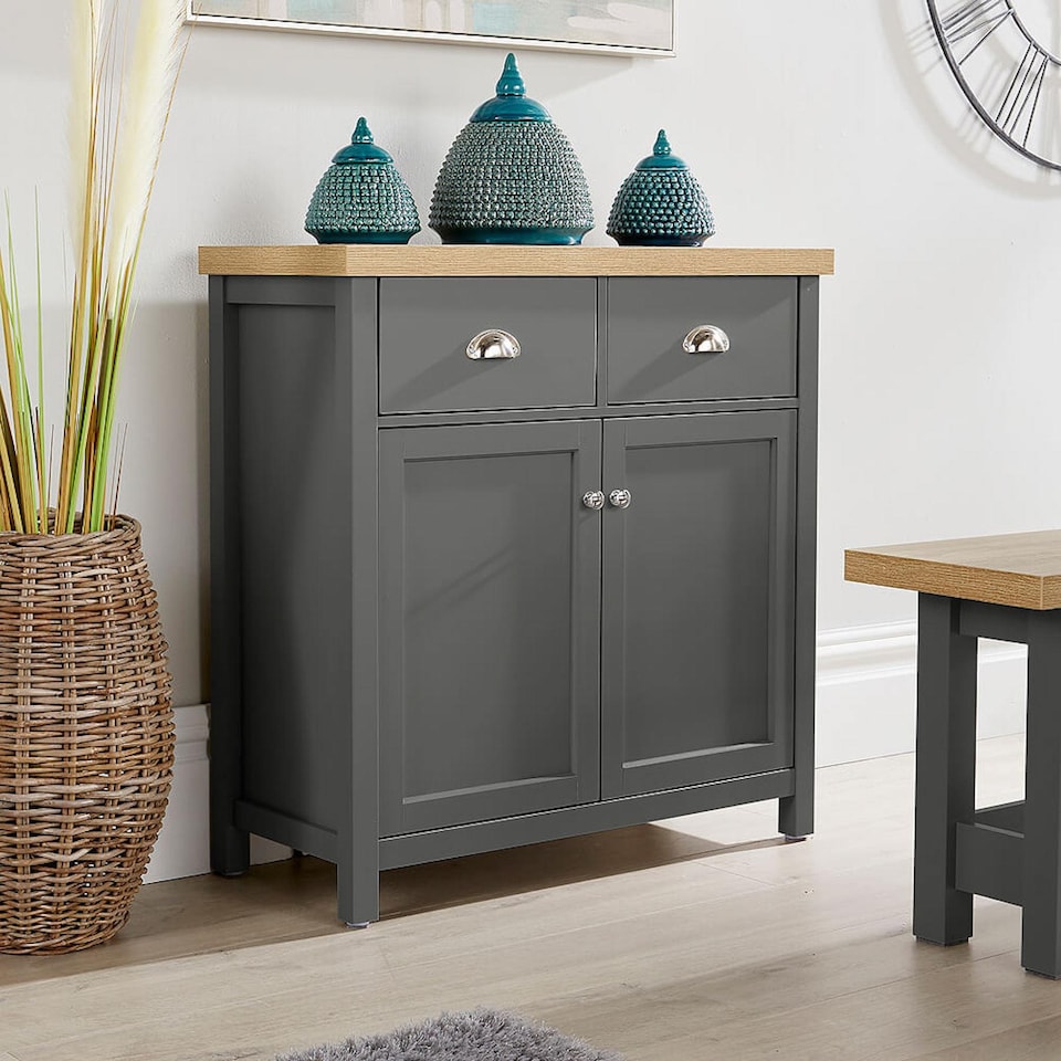 image 1 of Sideboard 2 Door 2 Drawer Storage Cupboard Shelf 36mm Oak Top | Grey
