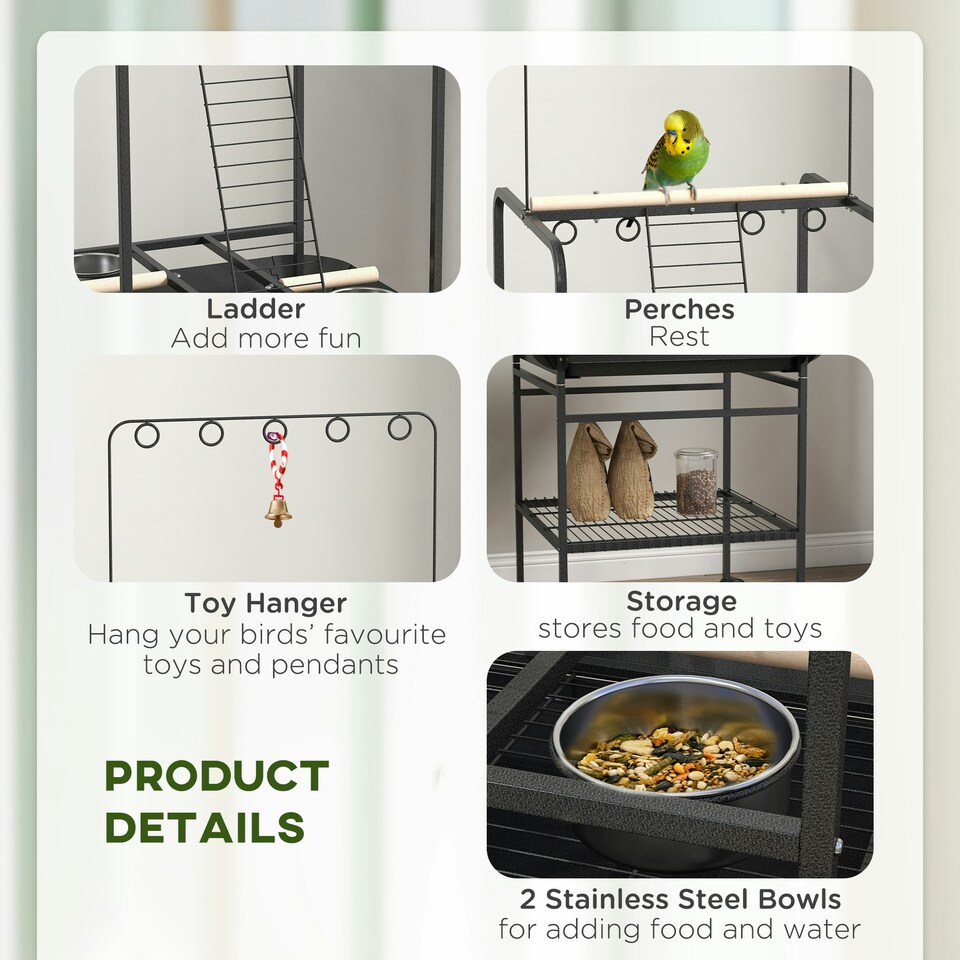 image 1 of PawHut Bird Table with Wheels, for Indoor, Outdoor, Small Parrot - Dark Grey