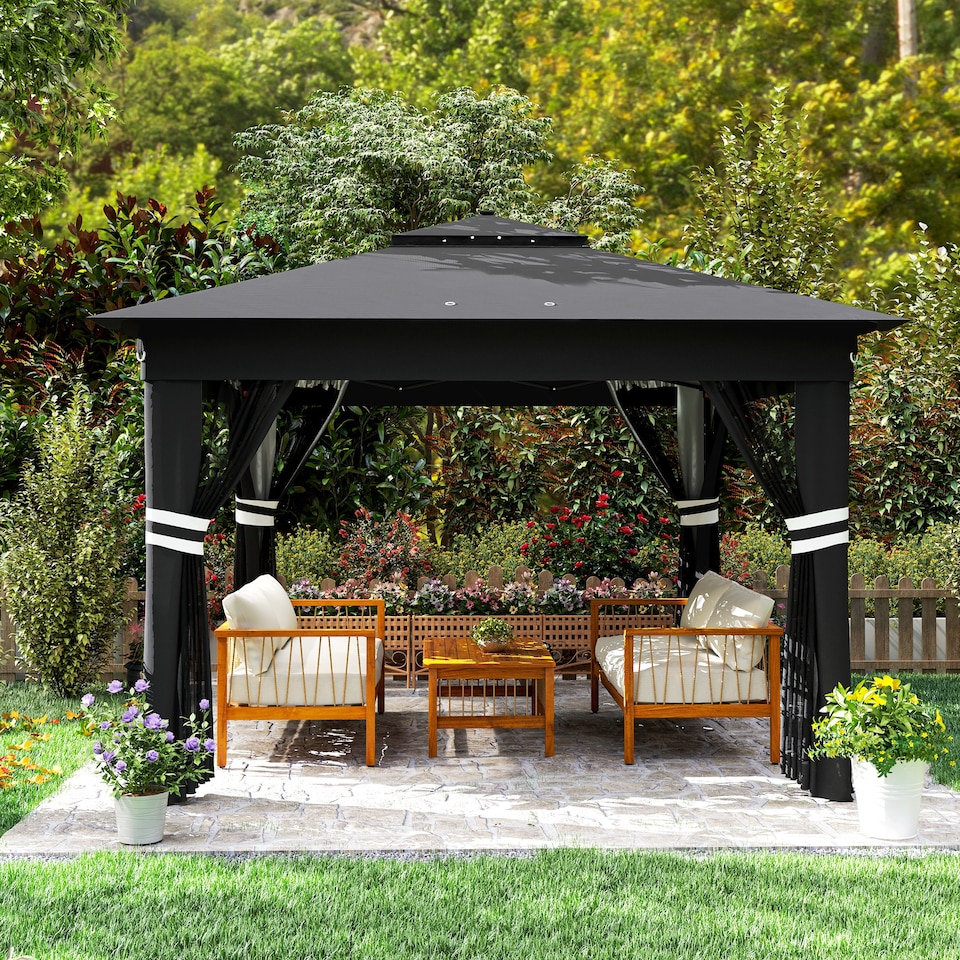 image 1 of Outsunny 3.36 x 3.36m Pop Up Gazebo with Sides, 20 SolarPowered LED Lights, Netting, Roller Bag, 4 Weight Bags, Marquee Party Tent, Height Adjustable Instant Event Shelter, Black