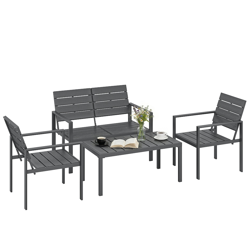 image 1 of Outsunny 4 Piece Garden Furniture Set, HDPE Metal Outdoor Sofa, Dark Grey | Grey | Dark Grey | Four Seater