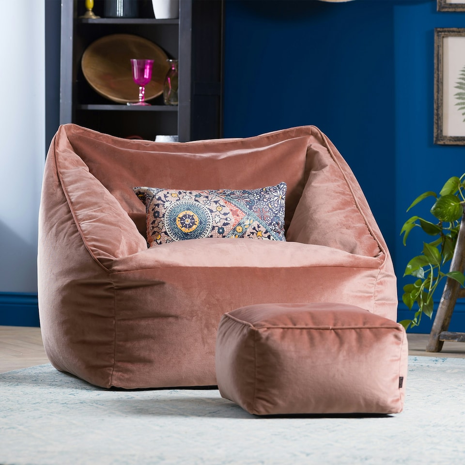image 1 of icon Natalia Velvet Adults Bean Bag Armchair and Pouffe, Ready Filled Large Beanbag and Footstool Dusk Pink Pink