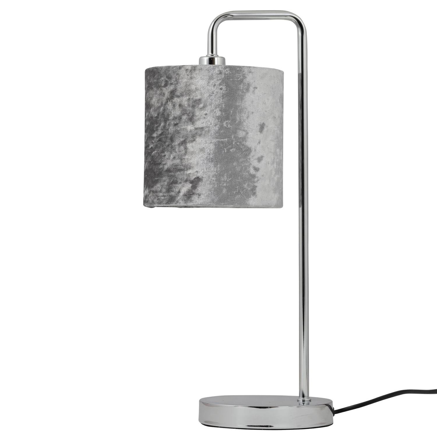 First Choice Lighting Chrome Arched Table Lamp with Grey Crushed Velvet Shade in Silver