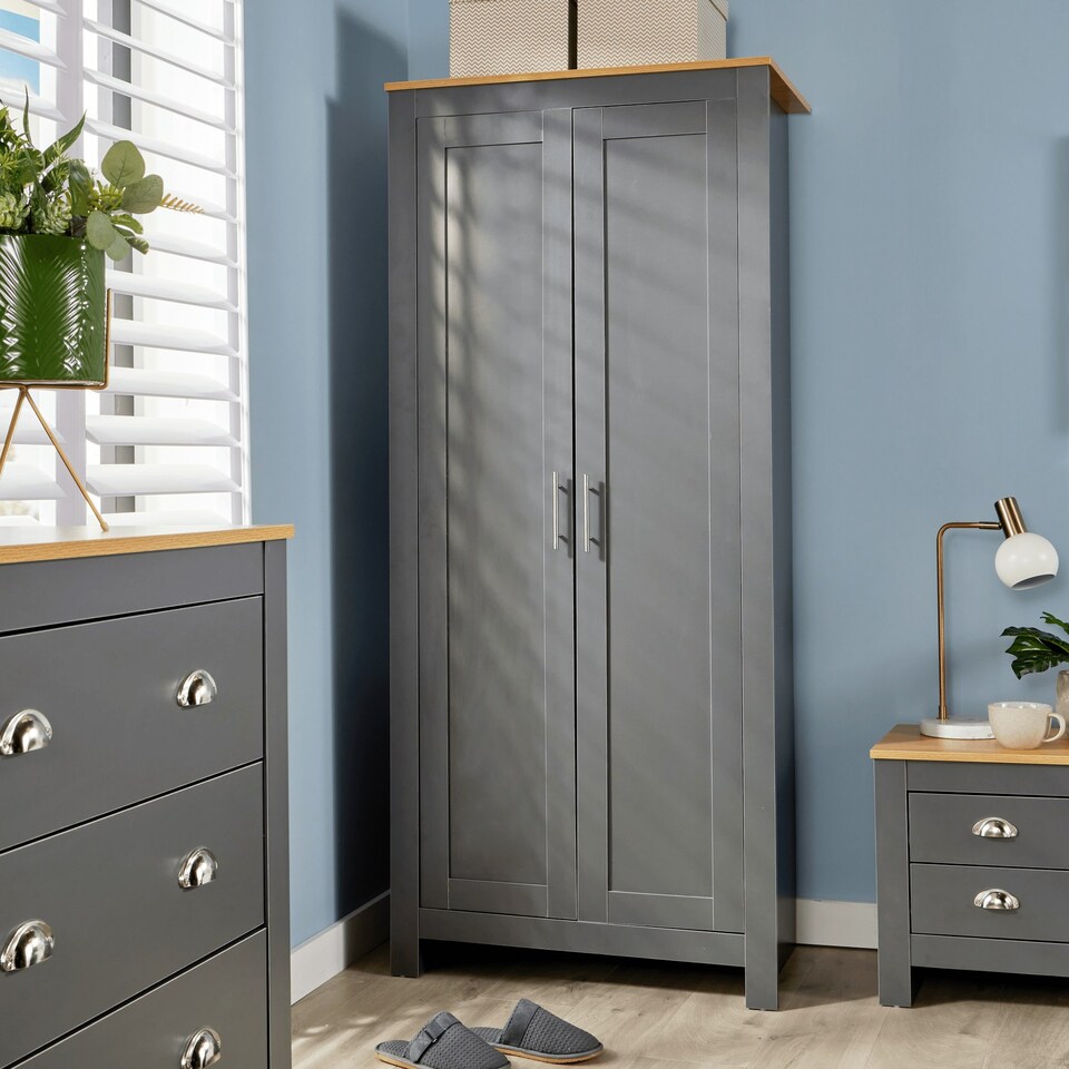 image 1 of Wardrobe 2 Door Bedroom Furniture Clothing Storage Oak Top Wooden Unit Grey