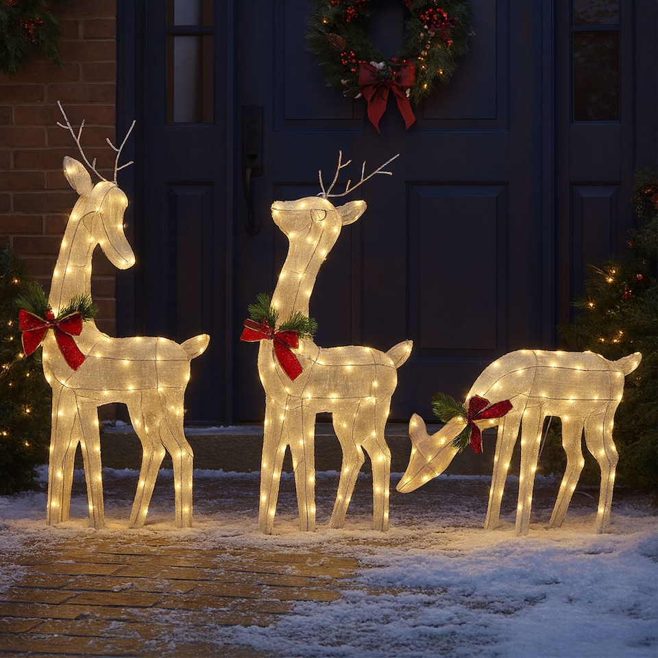 image 1 of Neo Set of 3 LED Lighted Reindeer Christmas Decorations Indoor Outdoor Holiday Yard Décor 210 Dual LED Lights Timer Weather Resistant Frame Festive Red Bows & Greenery