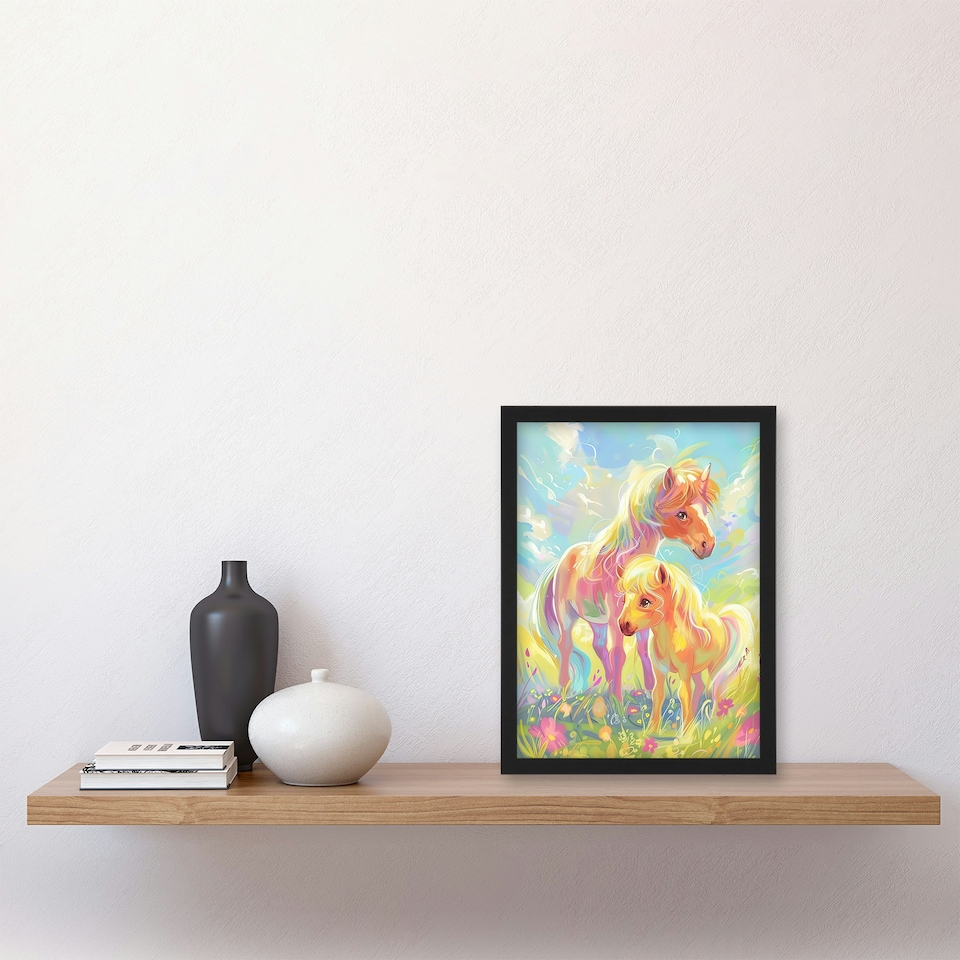 image 1 of Rainbow Ponies in Flower Meadow Cartoon Kids Black Framed Wall Art Print A4