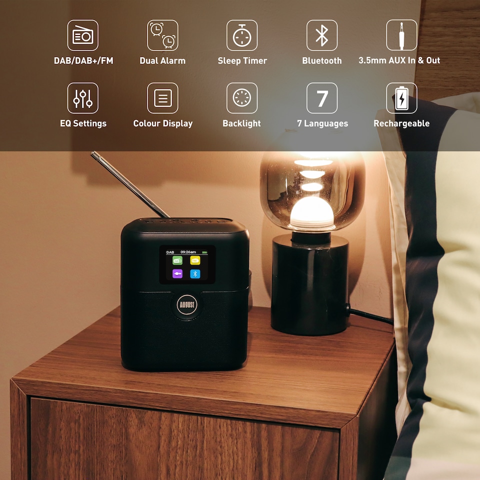 image 1 of Rechargeable DAB/DAB+/FM Radio Dual Alarm Clock & Bluetooth Speaker, Colour LCD Screen, AUX In/Out, for Bedside, Kitchen, Office or Outdoor - August MB330B