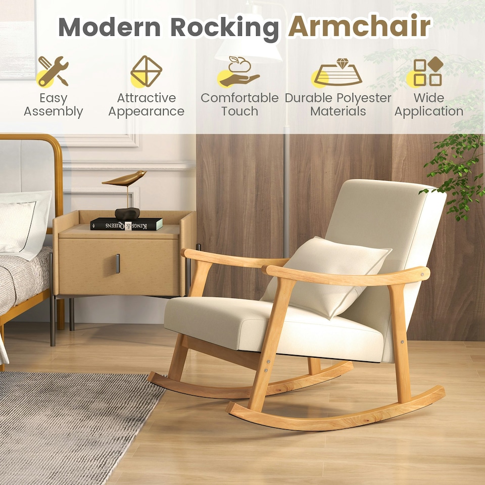 image 1 of COSTWAY Upholstered Rocking Chair Modern Rocker Wood Frame Beige White