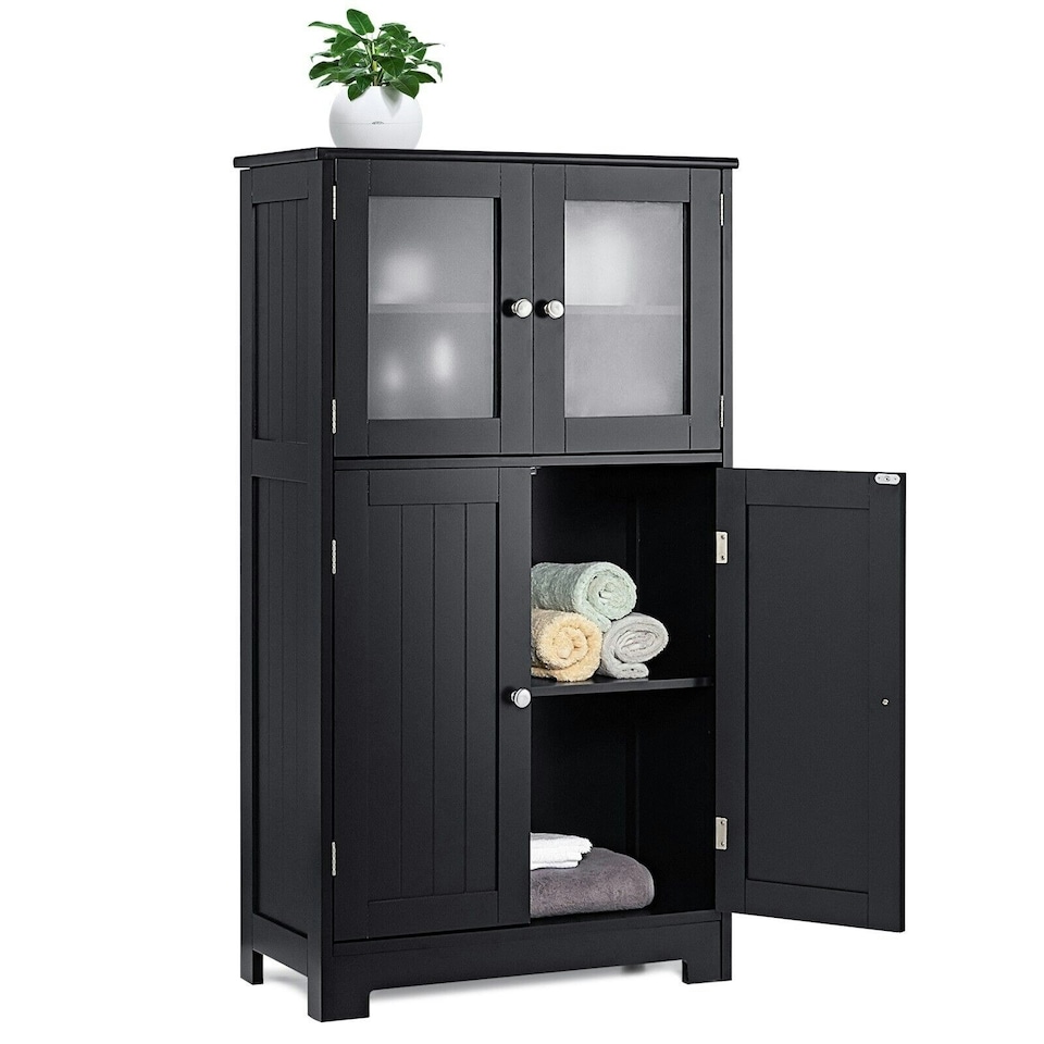 image 1 of COSTWAY 4-Door Bathroom Floor Cabinet Storage Cabine Black Black