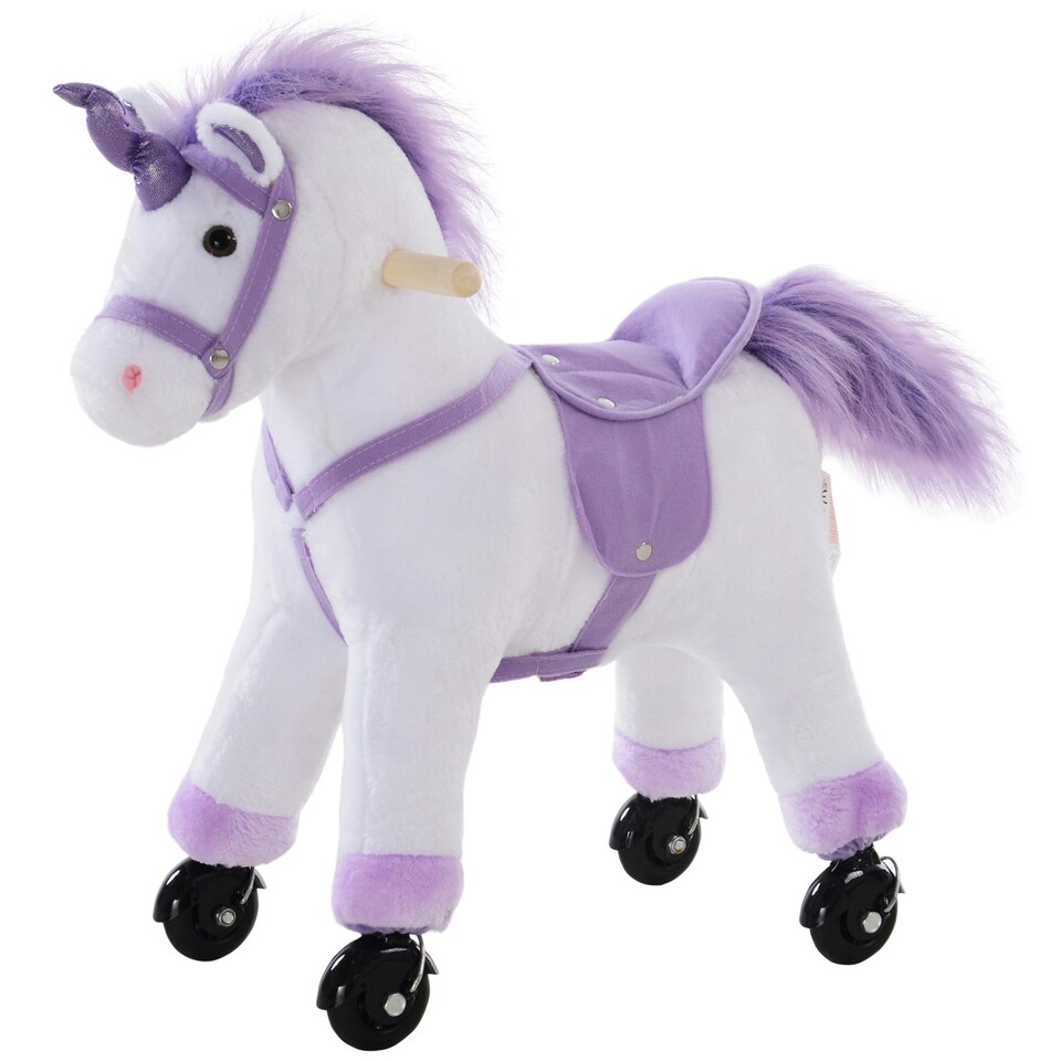 image 1 of HOMCOM Kids Plush Ride-On Unicorn, with Realistic Sounds, Handlebar, Purple
