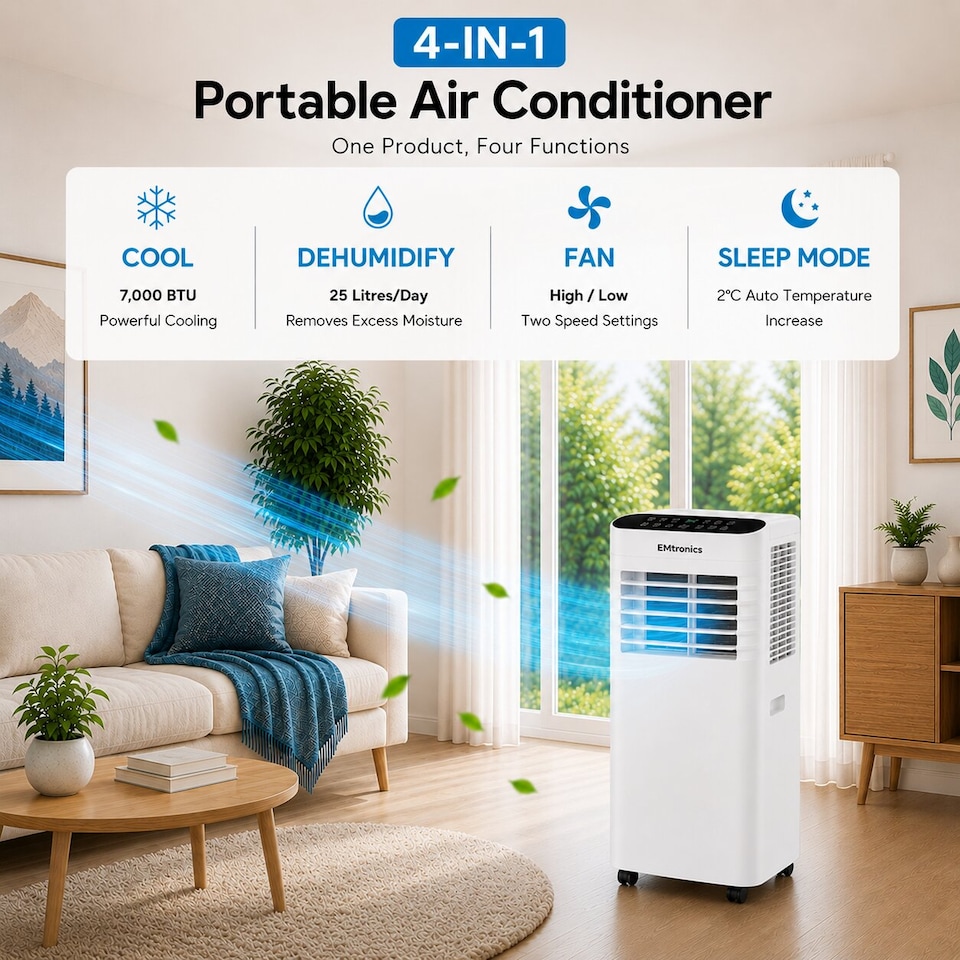 image 1 of EMtronics 7K BTU Air Conditioner with Fan and Dehumidifier - White