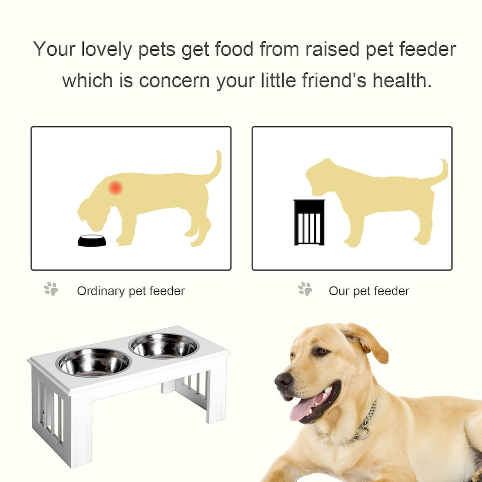 image 1 of PawHut Raised Dog Bowls Pet Feeder Raised Elevated Stainless Steel Food White