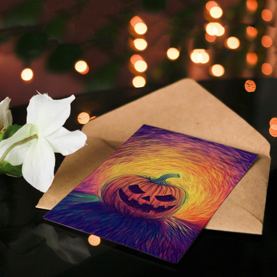 image 1 of Evil Fun Carved Pumpkin Face Trick or Treat Scary Halloween Card