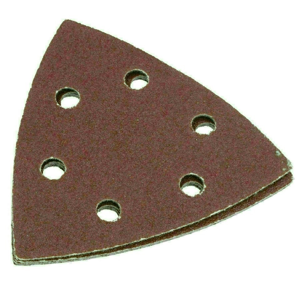 image 1 of Hook Loop Delta Sanding Abrasive Discs Pads 93mm Triangle 80 Grit Medium 5pc
