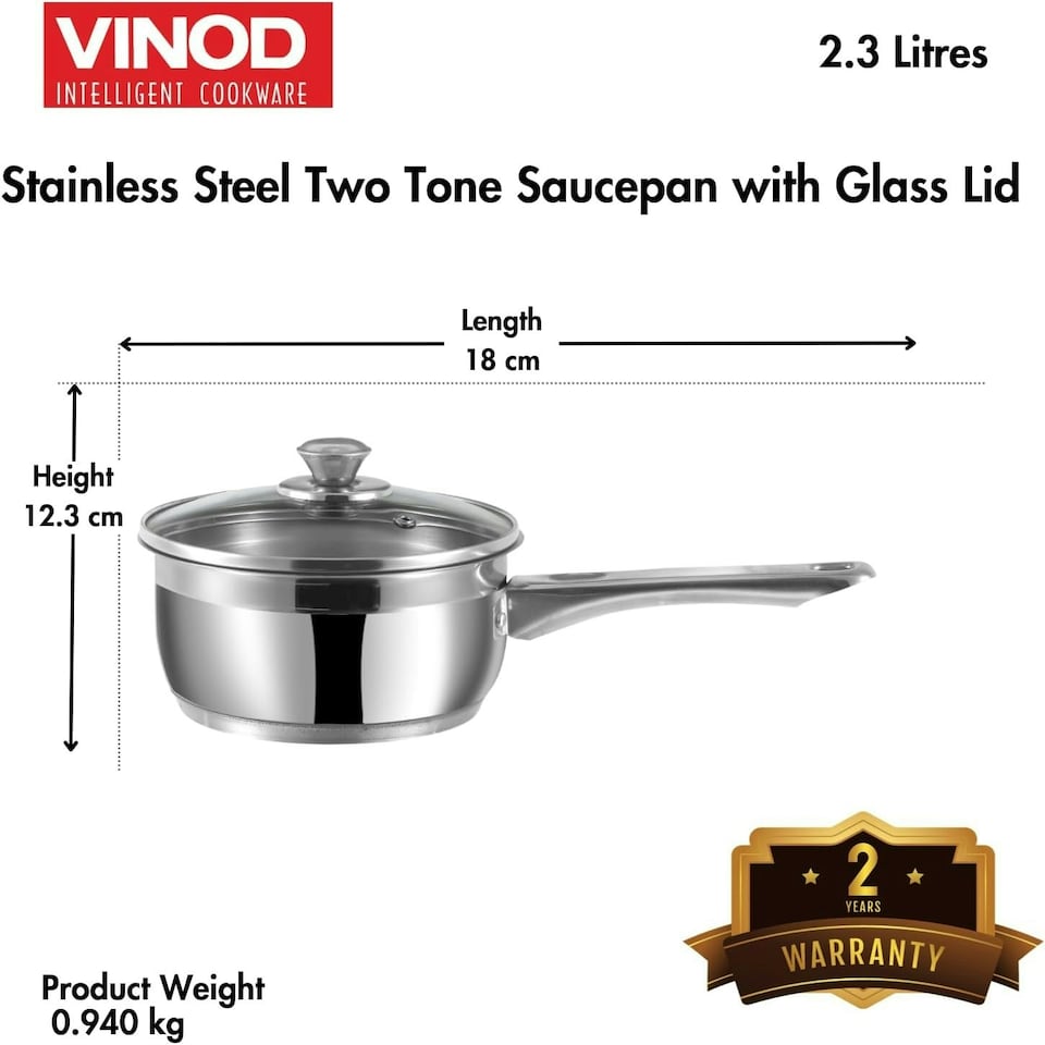 image 1 of Vinod Cookware Two Tone Stainless Steel Saucepan with Glass Lid - Steam Vent, Sturdy Handle Induction Bottom (18cm , 2.3 ltr) N/A