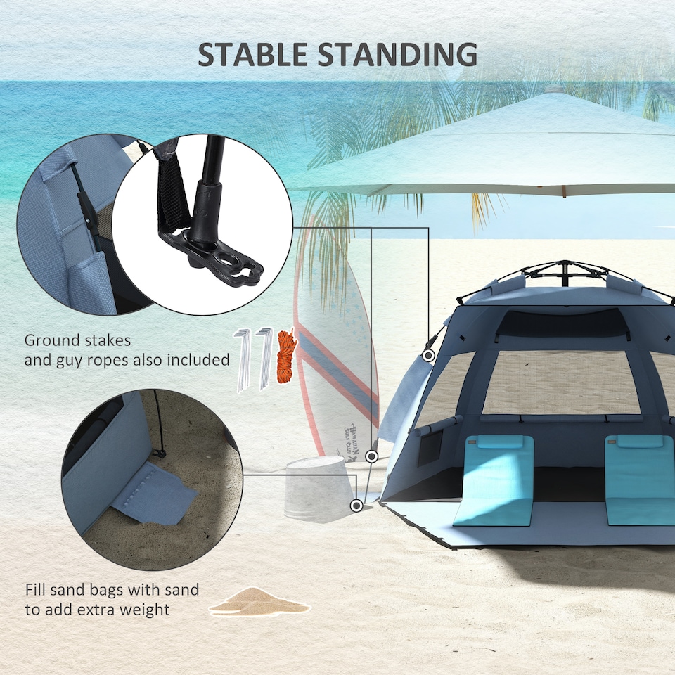 image 1 of Outsunny Pop Up Tent Beach Tent for 23 Person, Easy Set Up Sun Shelter with Extended Floor, Sandbags, Mesh Windows and Carry Bag | Blue