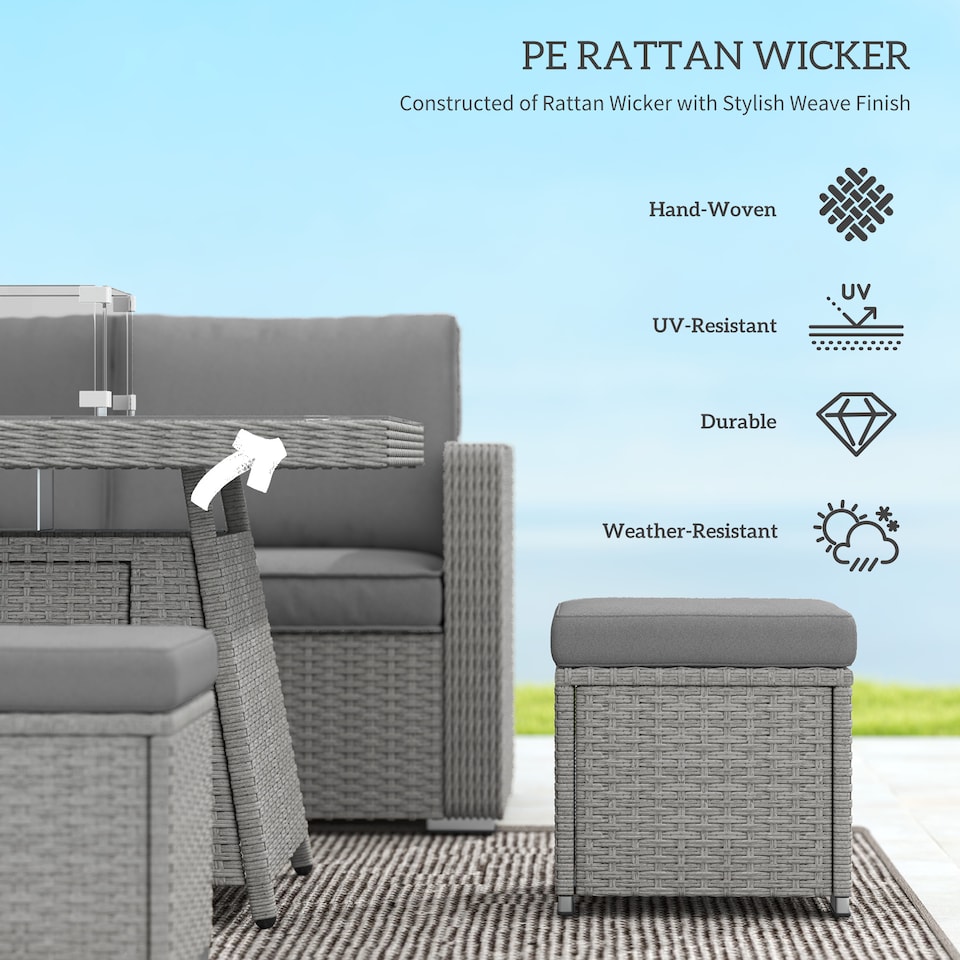 image 1 of Outsunny 7 Pieces Rattan Garden Furniture Set w/ 50,000 BTU Fire Pit Table | Grey
