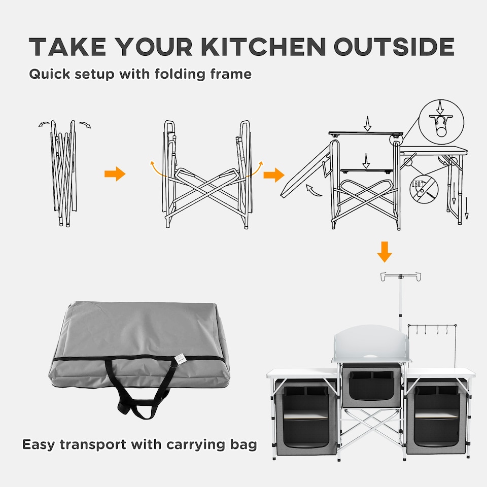 image 1 of Outsunny Portable Folding Camping Kitchen with Windshield Light Stand Carry Bag
