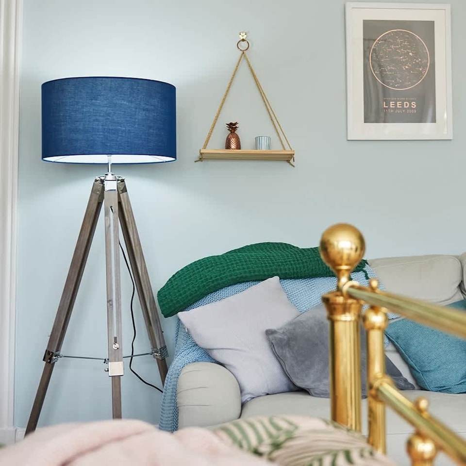 image 1 of ValueLights Modern Distressed Wood And Silver Chrome Tripod Floor Lamp Base | Brown