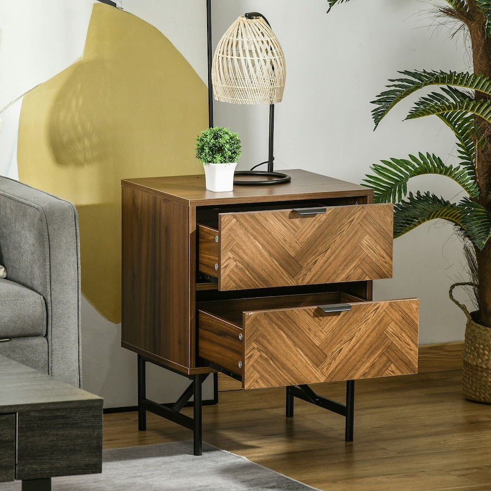 image 1 of HOMCOM Two-Drawer Herringbone Bedside Table Home Cabinet Bedroom Storage Brown