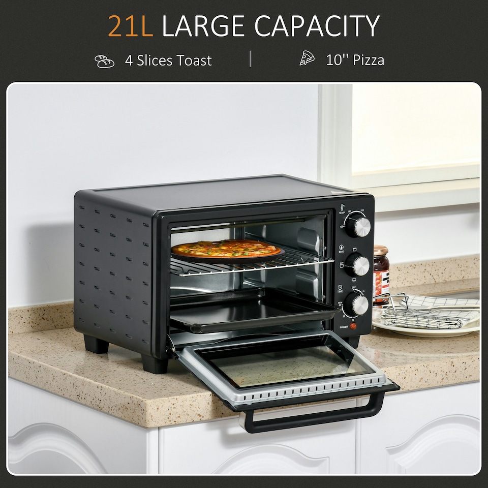 image 1 of HOMCOM Mini Oven 21L Electric Grill w/ Adjustable Temp Timer 1400W, Black