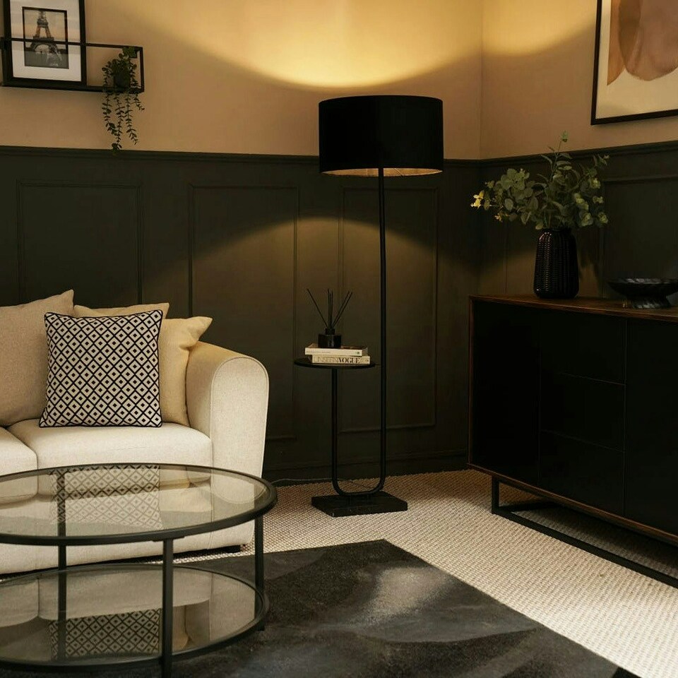 image 1 of ValueLights Tavel Matte Black Floor Lamp with Large Black Drum Shade and LED Bulb