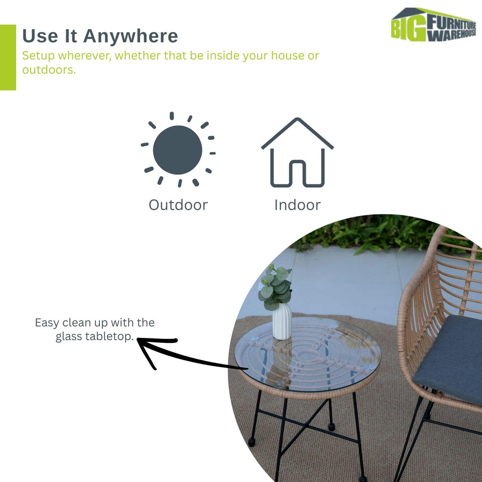 image 1 of Bistro Set Natural Wicker Frame Black Steel Leg Glass Tabletop Outdoor Furniture Brown