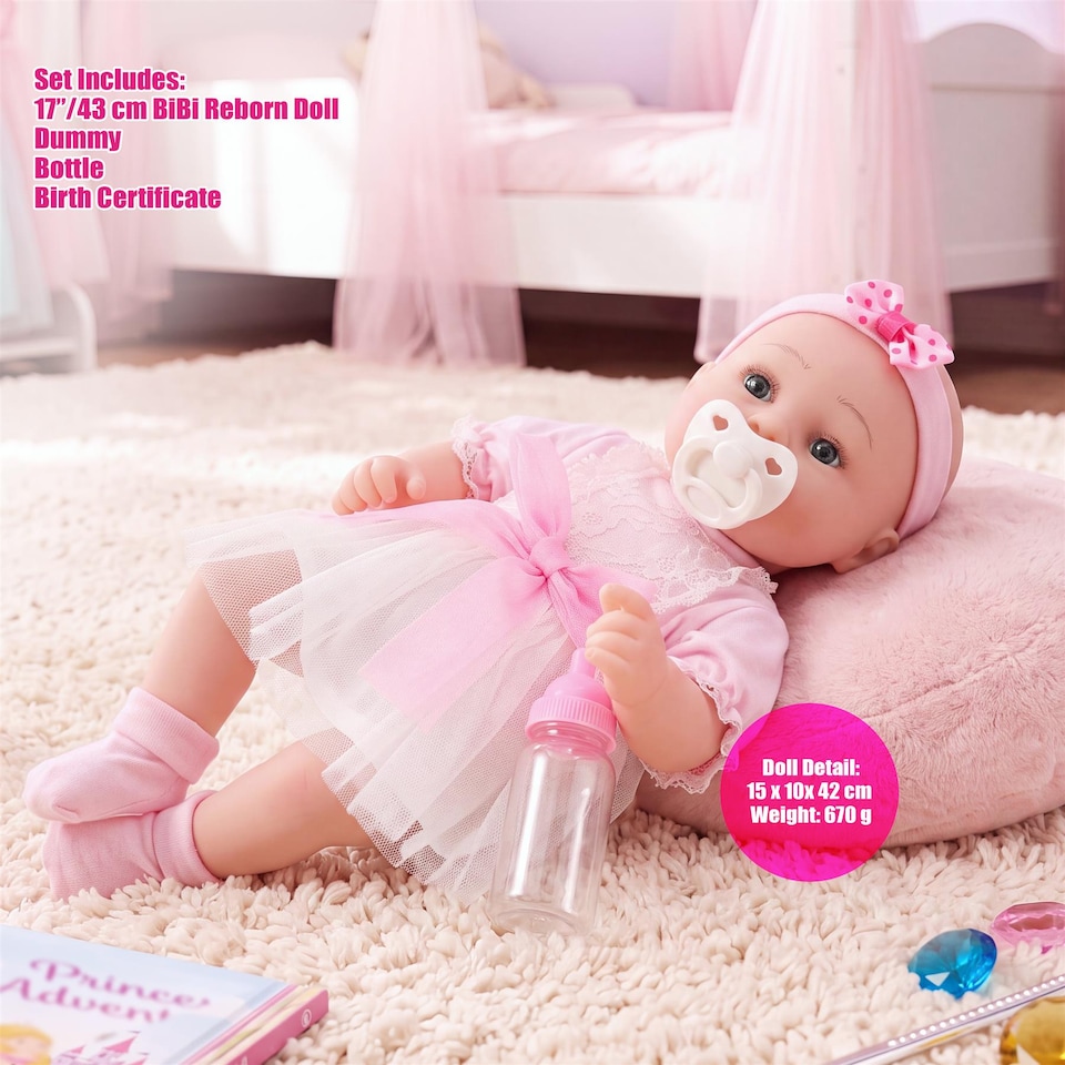 image 1 of BiBi Doll 17" Begonia Reborn Baby Doll Girl With Toy Dummy & Bottle