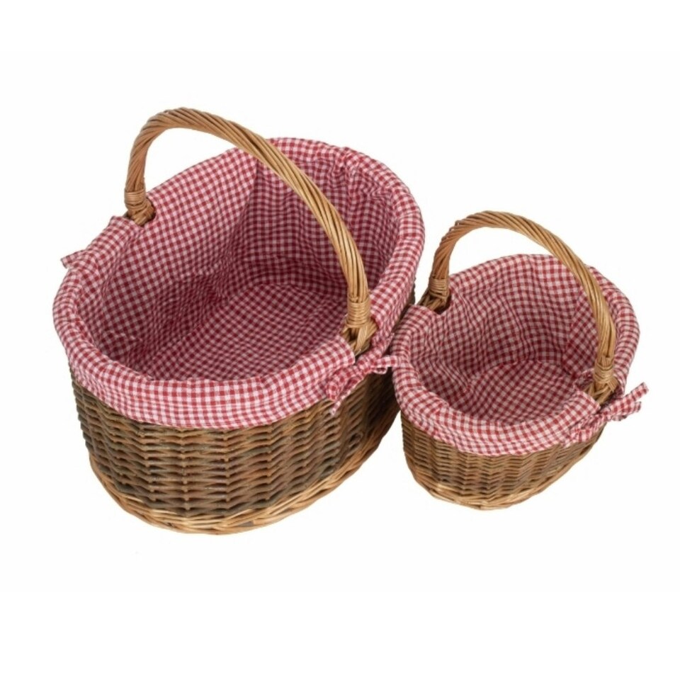 image 1 of Set of 2 Red Checked Lined Country Oval Wicker Shopping Basket Red | Red and White Checked